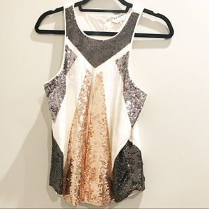 Bebe Sequin White Silver Sleeveless Club Wear Top
